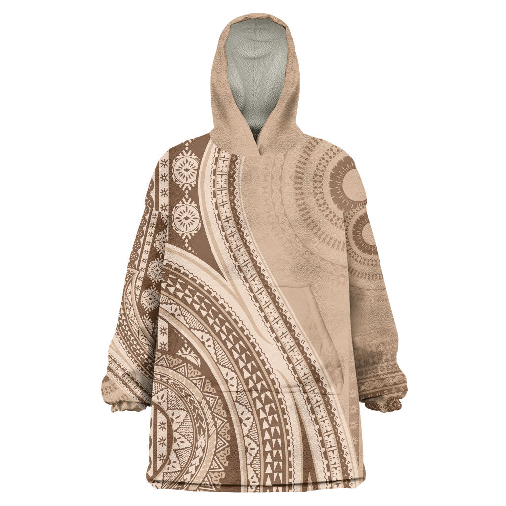 Bula Fiji Vintage Tapa Wearable Blanket Hoodie Kaivity Masi Wave Motifs - Mocha