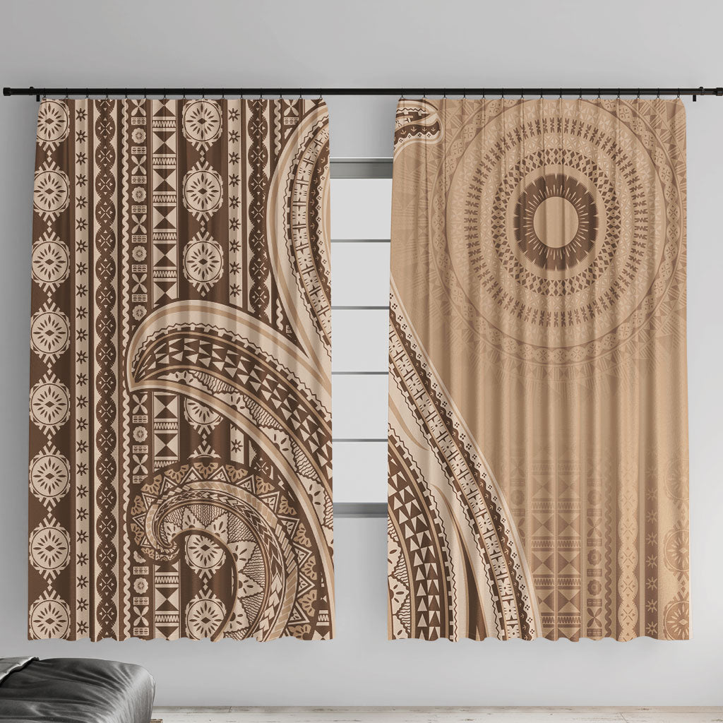 Bula Fiji Vintage Tapa Window Curtain Kaivity Masi Wave Motifs - Mocha LT7 With Hooks Beige - Polynesian Pride