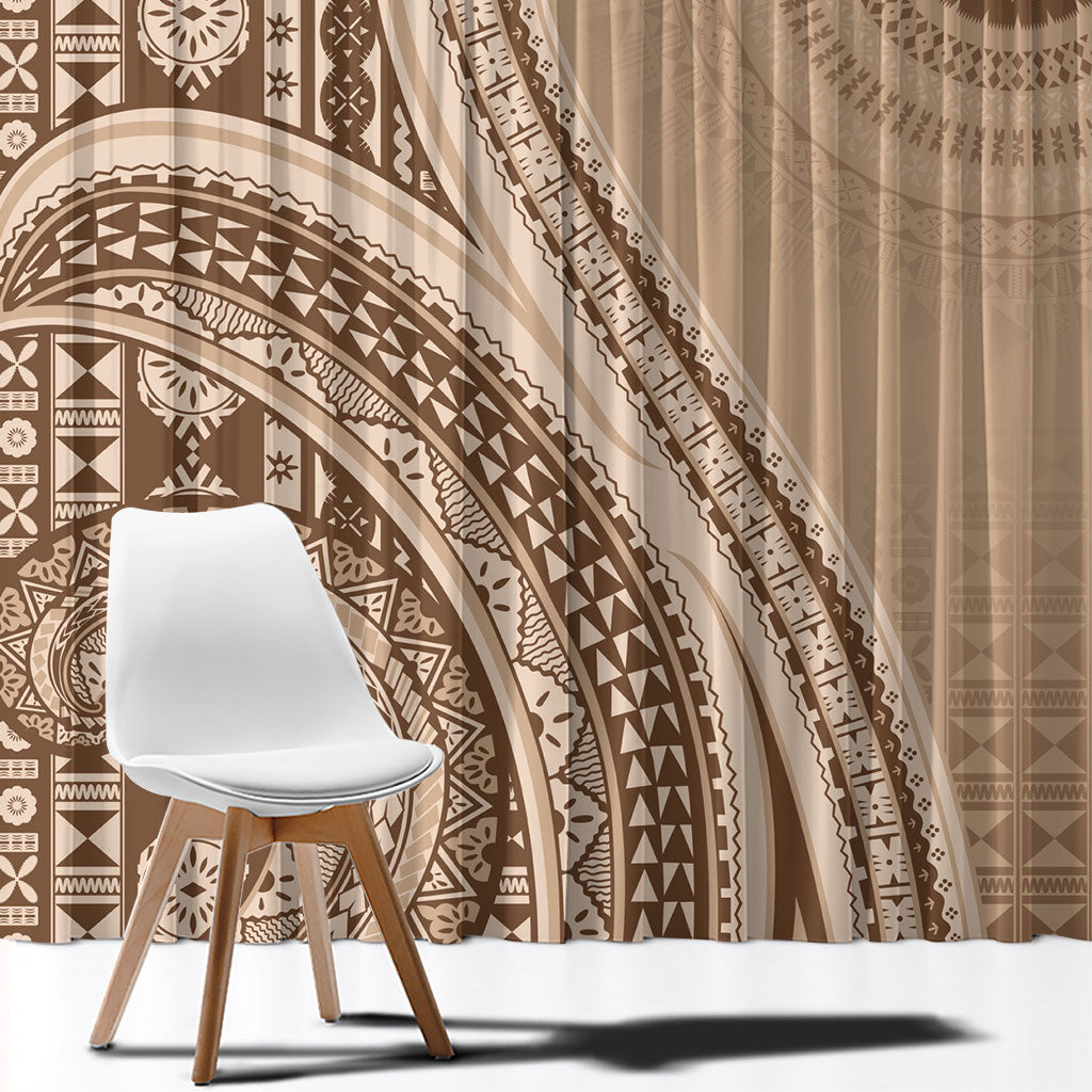Bula Fiji Vintage Tapa Window Curtain Kaivity Masi Wave Motifs - Mocha LT7 - Polynesian Pride