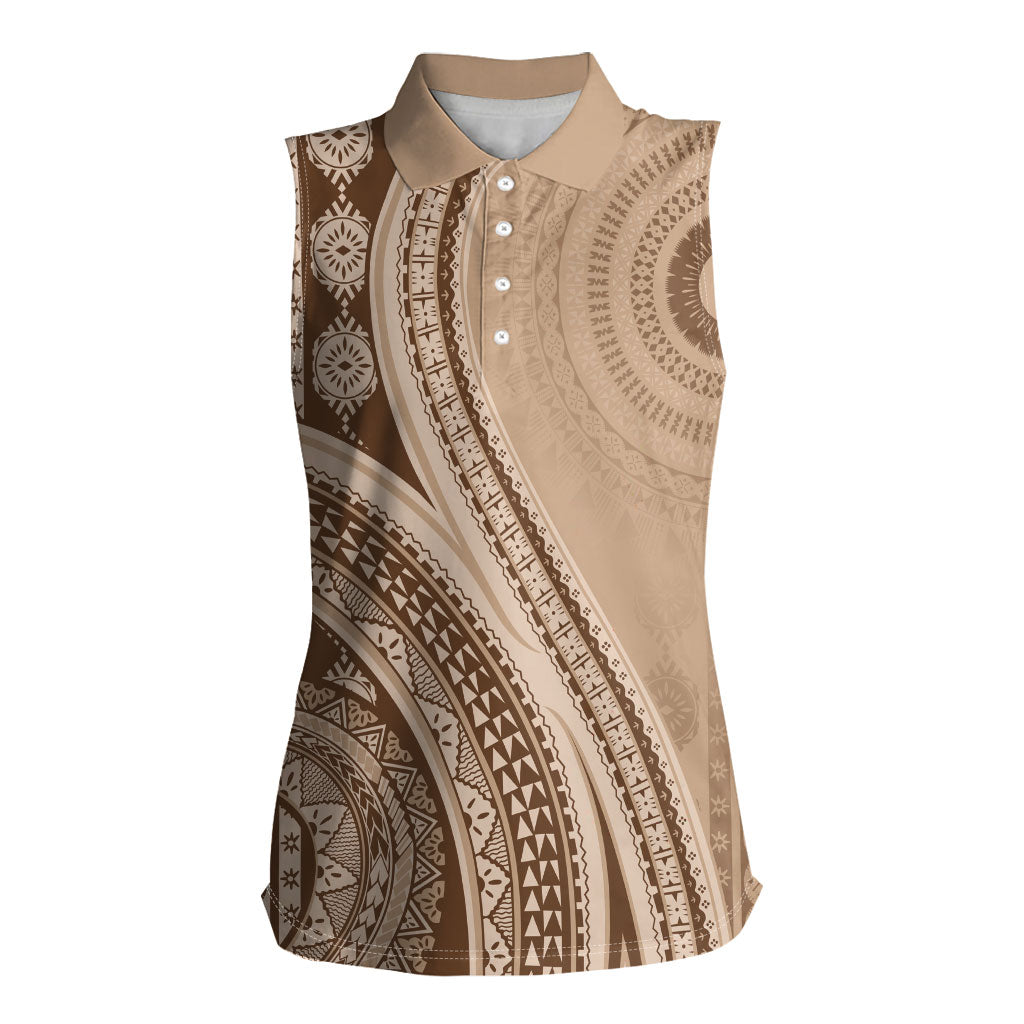 Bula Fiji Vintage Tapa Women Sleeveless Polo Shirt Kaivity Masi Wave Motifs - Mocha LT7 Female Beige - Polynesian Pride