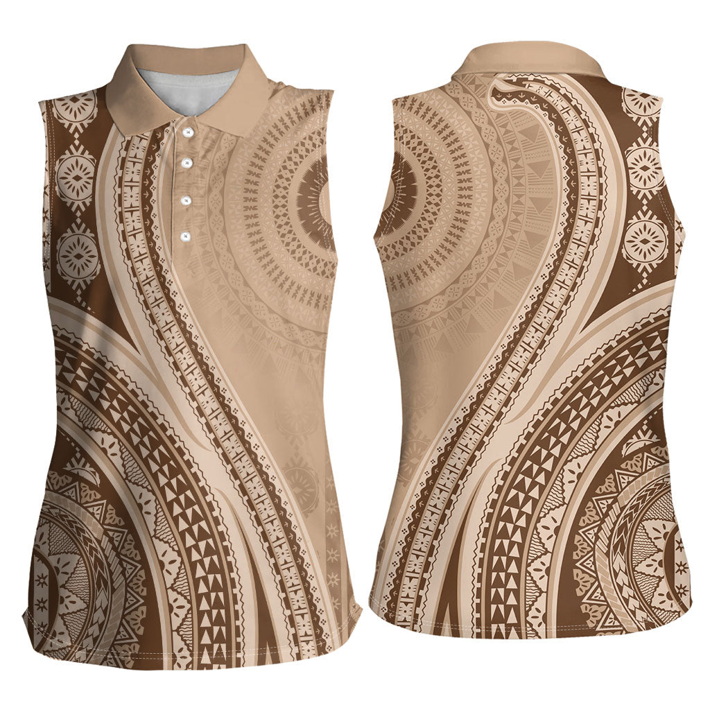 Bula Fiji Vintage Tapa Women Sleeveless Polo Shirt Kaivity Masi Wave Motifs - Mocha LT7 - Polynesian Pride