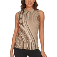 Bula Fiji Vintage Tapa Women Sleeveless Polo Shirt Kaivity Masi Wave Motifs - Mocha LT7 - Polynesian Pride