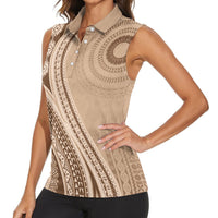 Bula Fiji Vintage Tapa Women Sleeveless Polo Shirt Kaivity Masi Wave Motifs - Mocha LT7 - Polynesian Pride