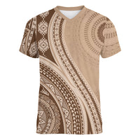 Bula Fiji Vintage Tapa Women V-Neck T-Shirt Kaivity Masi Wave Motifs - Mocha LT7 Female Beige - Polynesian Pride