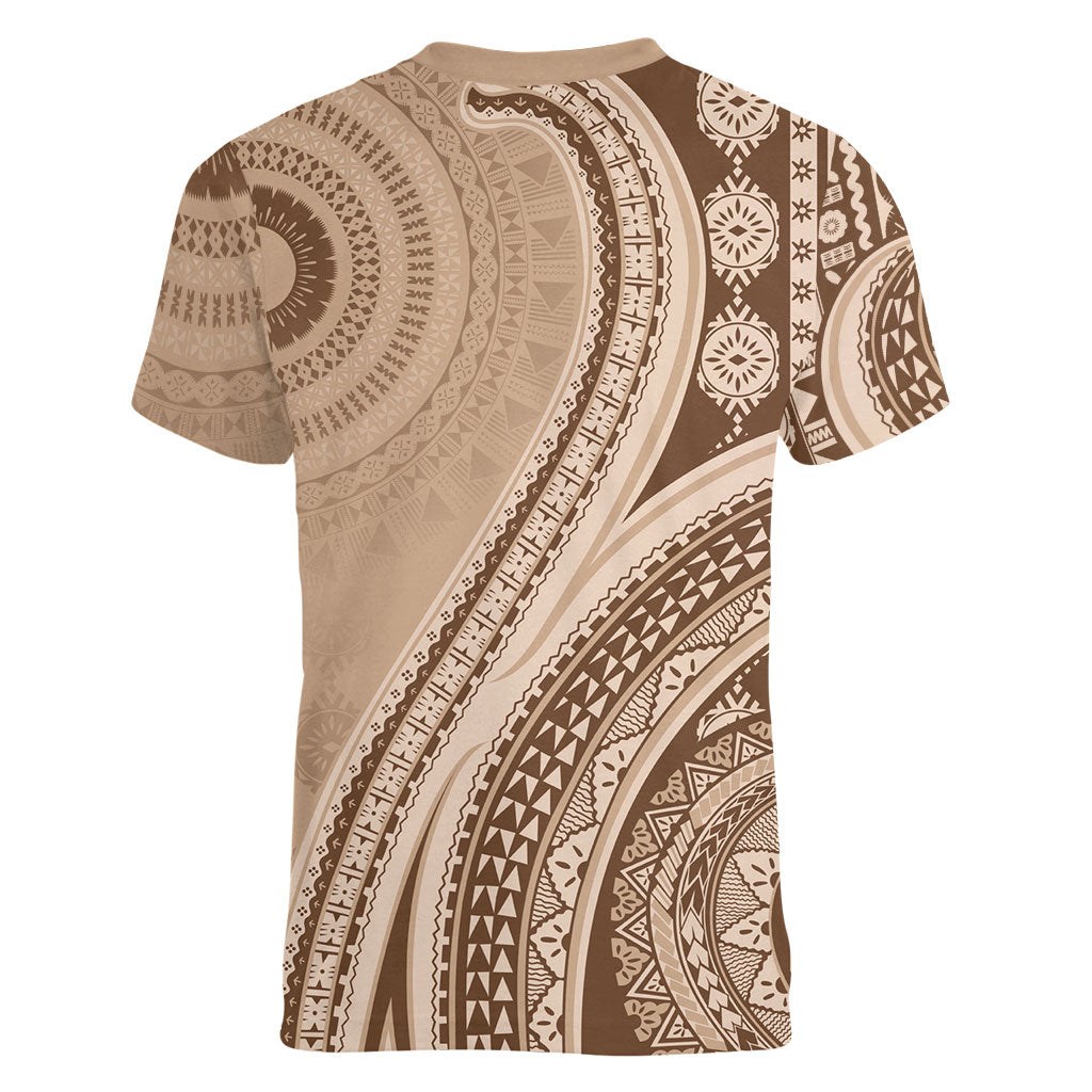 Bula Fiji Vintage Tapa Women V-Neck T-Shirt Kaivity Masi Wave Motifs - Mocha LT7 - Polynesian Pride