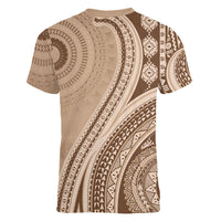 Bula Fiji Vintage Tapa Women V-Neck T-Shirt Kaivity Masi Wave Motifs - Mocha LT7 - Polynesian Pride