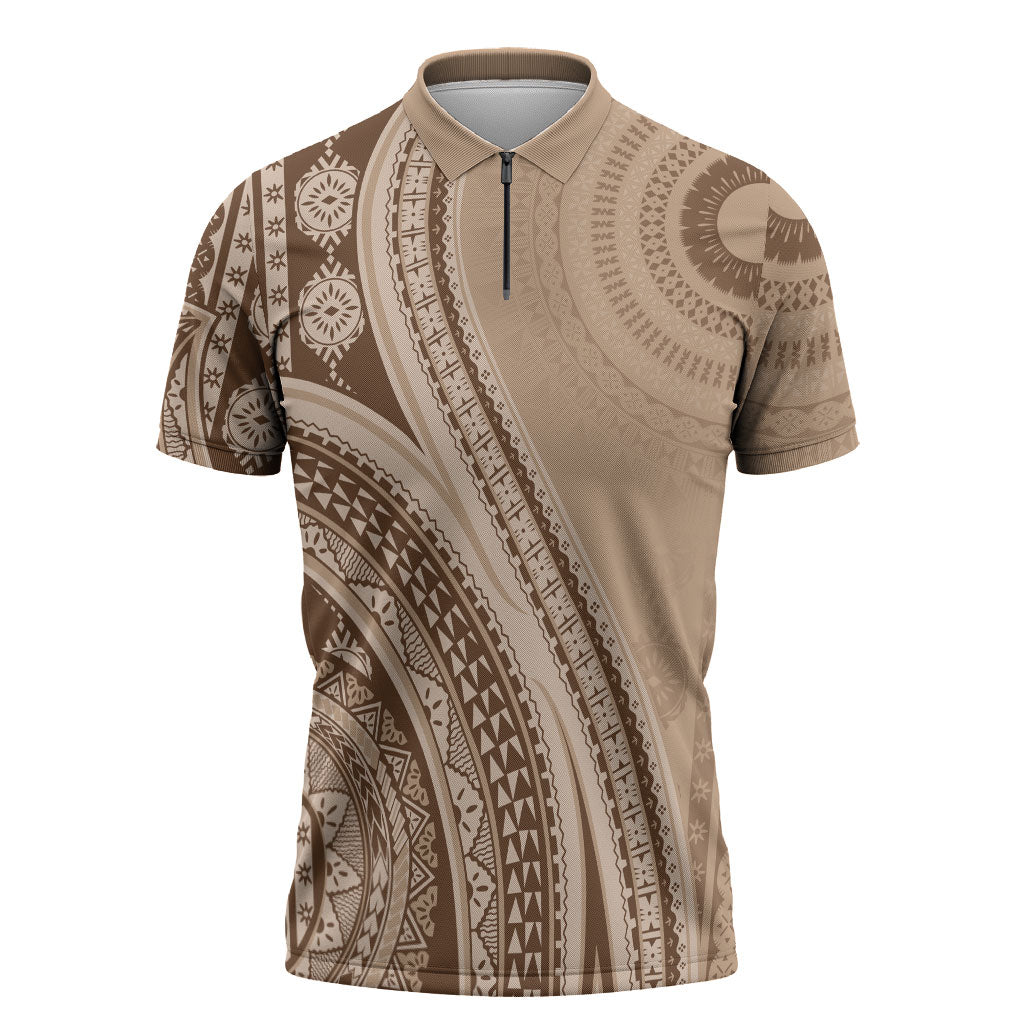 Bula Fiji Vintage Tapa Zipper Polo Shirt Kaivity Masi Wave Motifs - Mocha LT7 Beige - Polynesian Pride