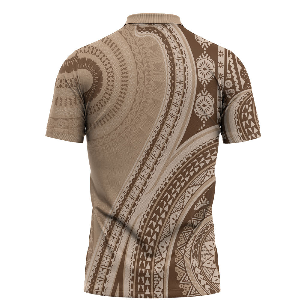 Bula Fiji Vintage Tapa Zipper Polo Shirt Kaivity Masi Wave Motifs - Mocha LT7 - Polynesian Pride