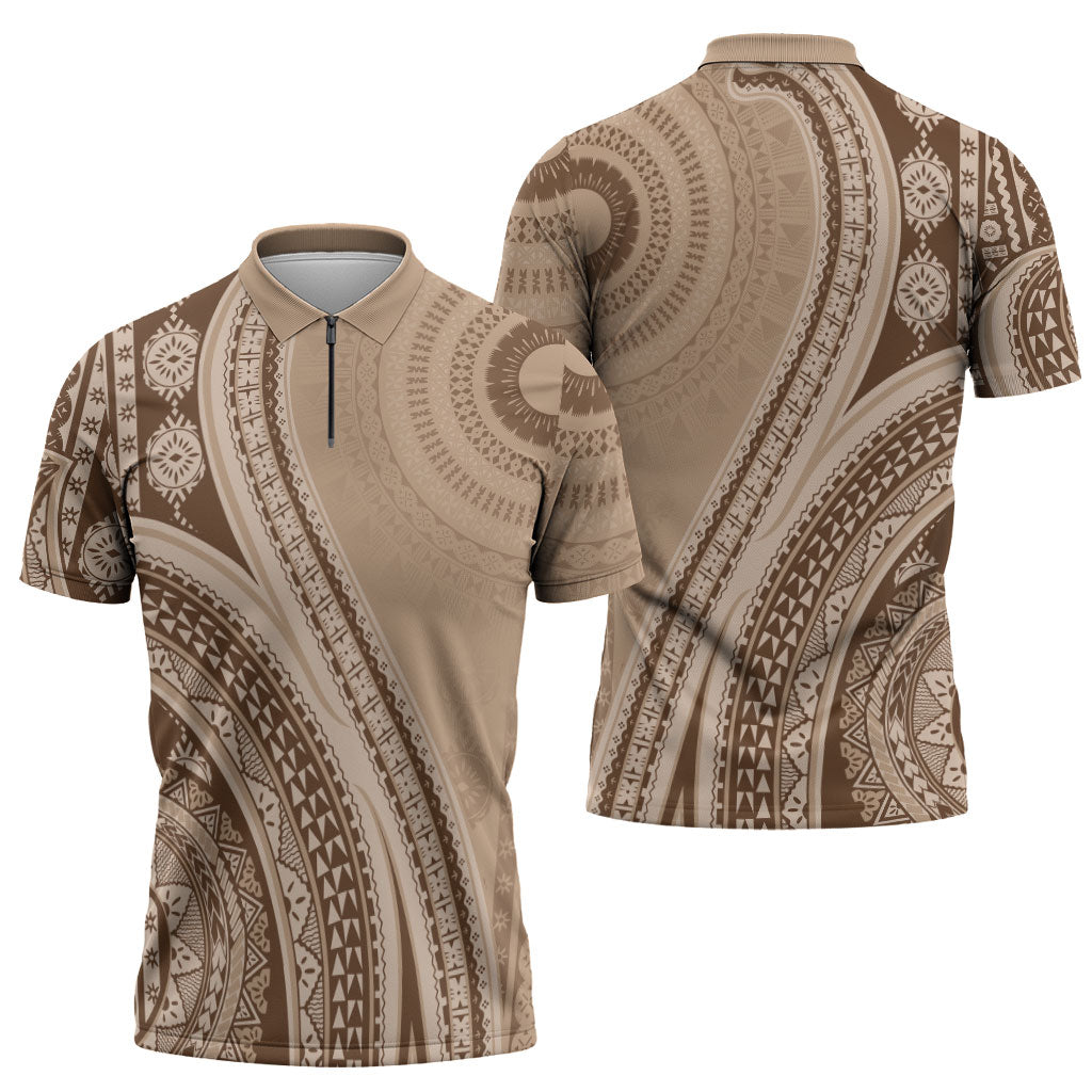 Bula Fiji Vintage Tapa Zipper Polo Shirt Kaivity Masi Wave Motifs - Mocha LT7 - Polynesian Pride