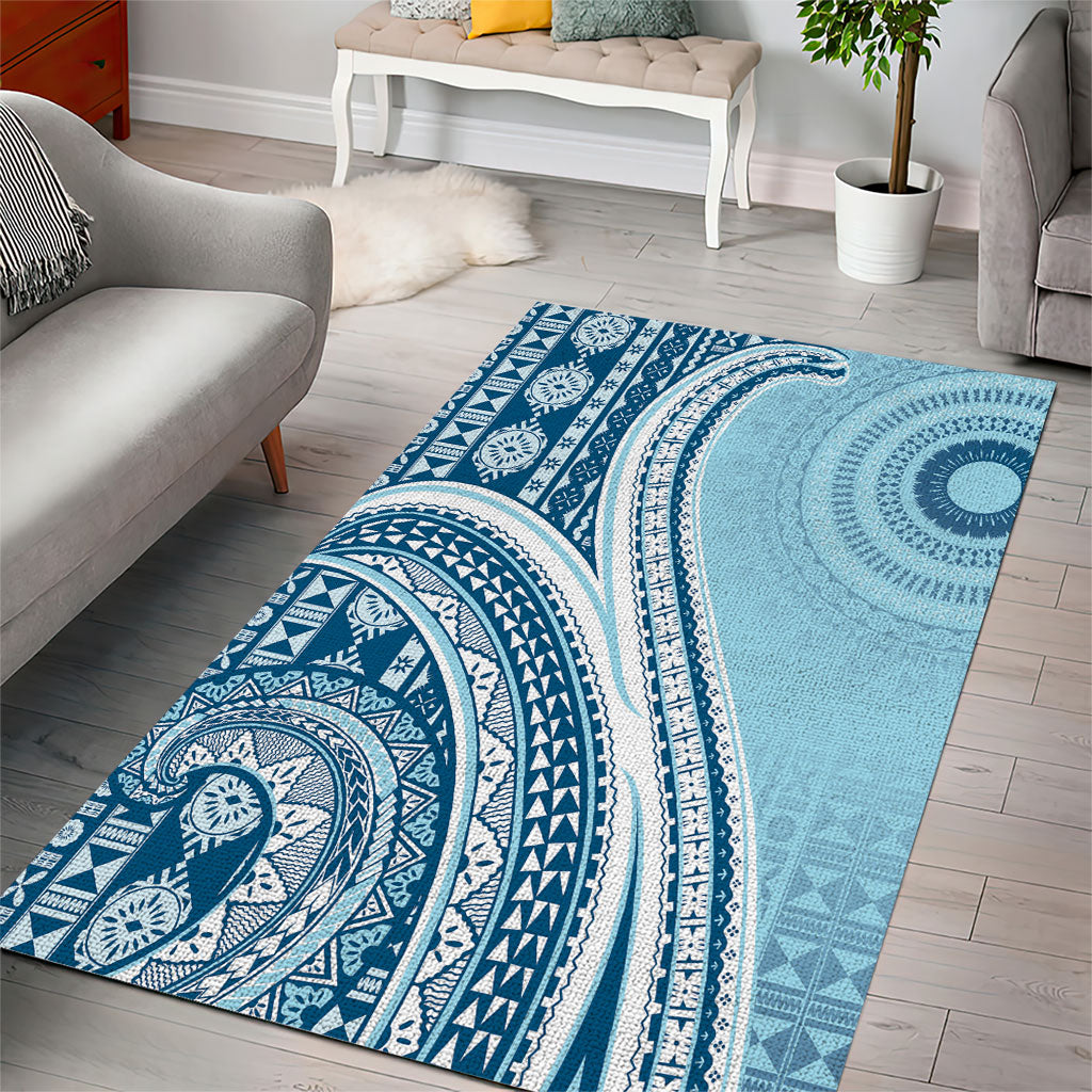 Bula Fiji Vintage Tapa Area Rug Kaivity Masi Wave Motifs - Turquoise