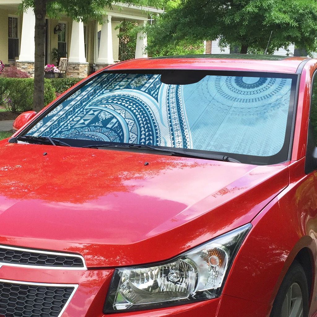 Bula Fiji Vintage Tapa Auto Sun Shade Kaivity Masi Wave Motifs - Turquoise LT7 - Polynesian Pride