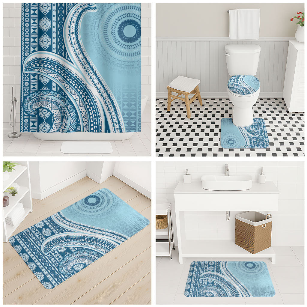 Bula Fiji Vintage Tapa Bathroom Set Kaivity Masi Wave Motifs - Turquoise