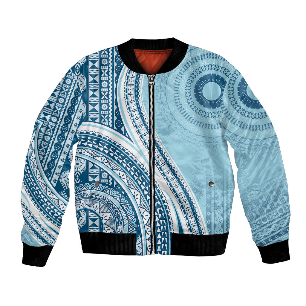 Bula Fiji Vintage Tapa Bomber Jacket Kaivity Masi Wave Motifs - Turquoise LT7 Unisex Turquoise - Polynesian Pride
