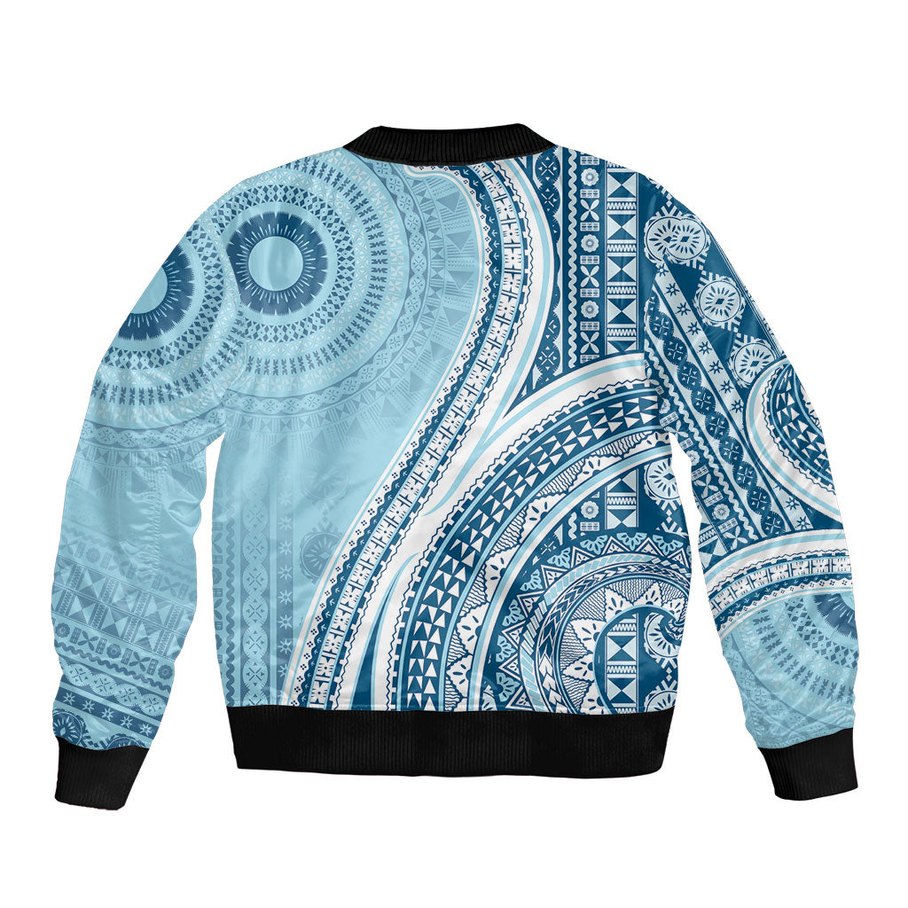 Bula Fiji Vintage Tapa Bomber Jacket Kaivity Masi Wave Motifs - Turquoise LT7 - Polynesian Pride