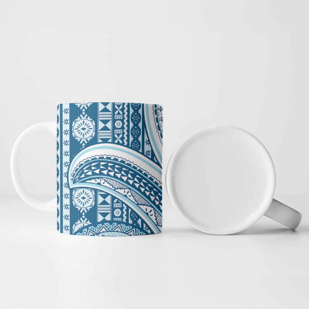 Bula Fiji Vintage Tapa Ceramic Mug Kaivity Masi Wave Motifs - Turquoise