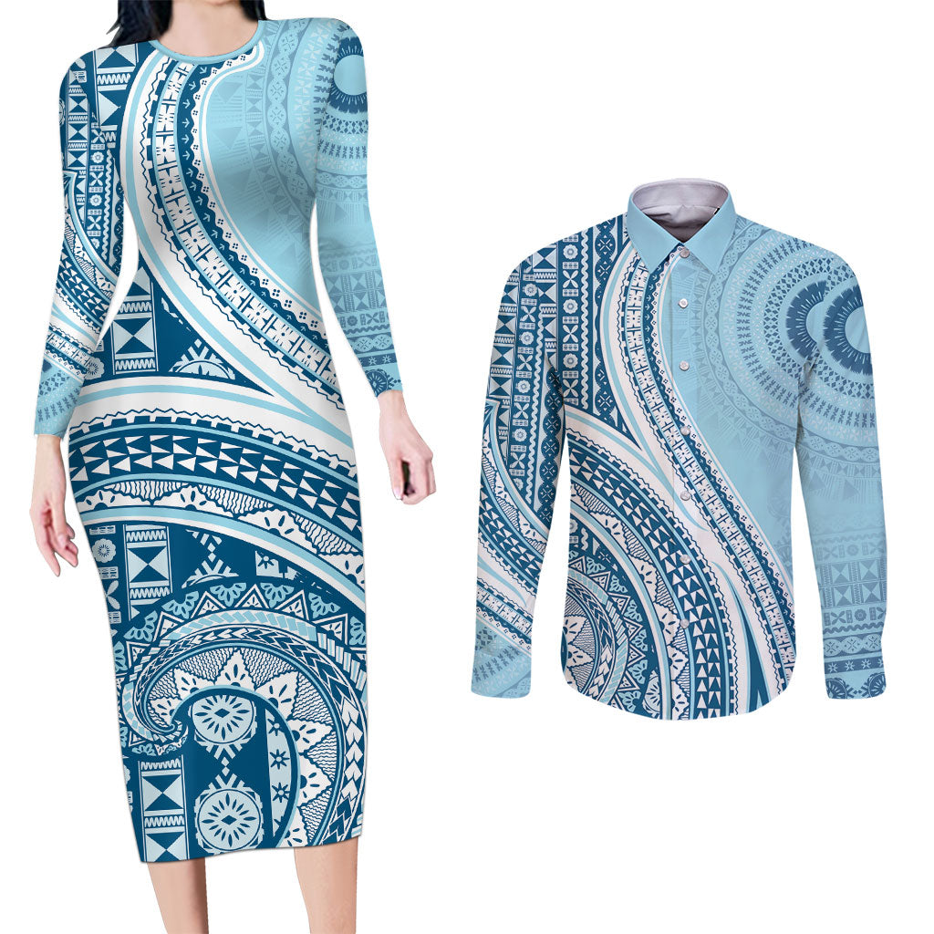 Bula Fiji Vintage Tapa Couples Matching Long Sleeve Bodycon Dress and Long Sleeve Button Shirt Kaivity Masi Wave Motifs - Turquoise