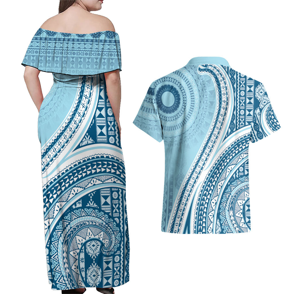 Bula Fiji Vintage Tapa Couples Matching Off Shoulder Maxi Dress and Hawaiian Shirt Kaivity Masi Wave Motifs - Turquoise LT7 - Polynesian Pride