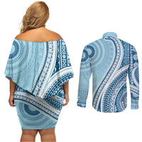 Bula Fiji Vintage Tapa Couples Matching Off Shoulder Short Dress and Long Sleeve Button Shirt Kaivity Masi Wave Motifs - Turquoise LT7 - Polynesian Pride