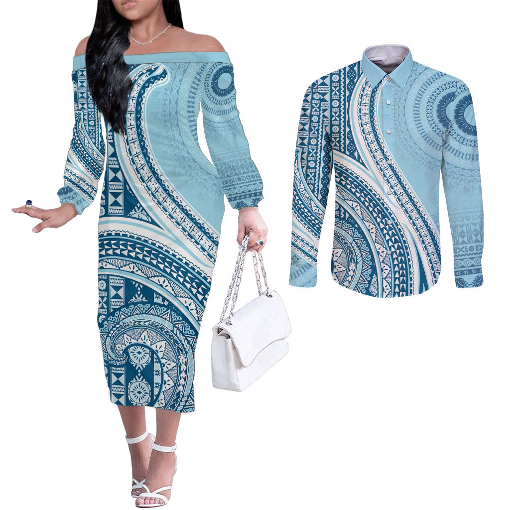 Bula Fiji Vintage Tapa Couples Matching Off The Shoulder Long Sleeve Dress and Long Sleeve Button Shirt Kaivity Masi Wave Motifs - Turquoise LT7 Turquoise - Polynesian Pride