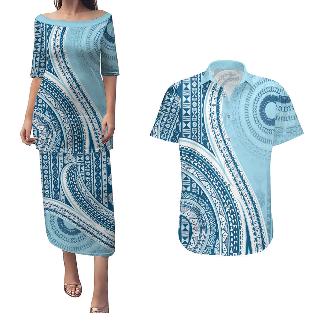Bula Fiji Vintage Tapa Couples Matching Puletasi and Hawaiian Shirt Kaivity Masi Wave Motifs - Turquoise LT7 Turquoise - Polynesian Pride