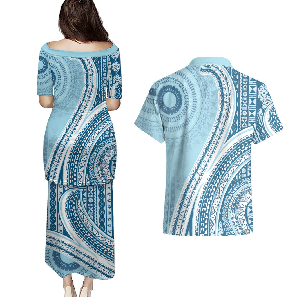 Bula Fiji Vintage Tapa Couples Matching Puletasi and Hawaiian Shirt Kaivity Masi Wave Motifs - Turquoise LT7 - Polynesian Pride