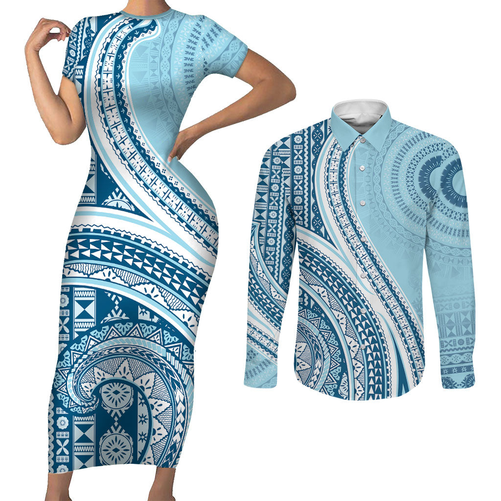 Bula Fiji Vintage Tapa Couples Matching Short Sleeve Bodycon Dress and Long Sleeve Button Shirt Kaivity Masi Wave Motifs - Turquoise LT7 Turquoise - Polynesian Pride