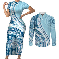Bula Fiji Vintage Tapa Couples Matching Short Sleeve Bodycon Dress and Long Sleeve Button Shirt Kaivity Masi Wave Motifs - Turquoise LT7 Turquoise - Polynesian Pride