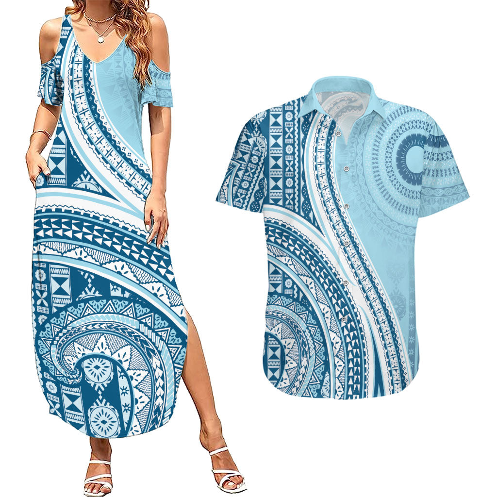 Bula Fiji Vintage Tapa Couples Matching Summer Maxi Dress and Hawaiian Shirt Kaivity Masi Wave Motifs - Turquoise