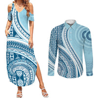 Bula Fiji Vintage Tapa Couples Matching Summer Maxi Dress and Long Sleeve Button Shirt Kaivity Masi Wave Motifs - Turquoise LT7 Turquoise - Polynesian Pride