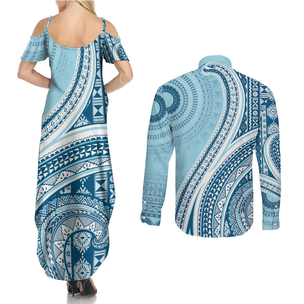 Bula Fiji Vintage Tapa Couples Matching Summer Maxi Dress and Long Sleeve Button Shirt Kaivity Masi Wave Motifs - Turquoise LT7 - Polynesian Pride