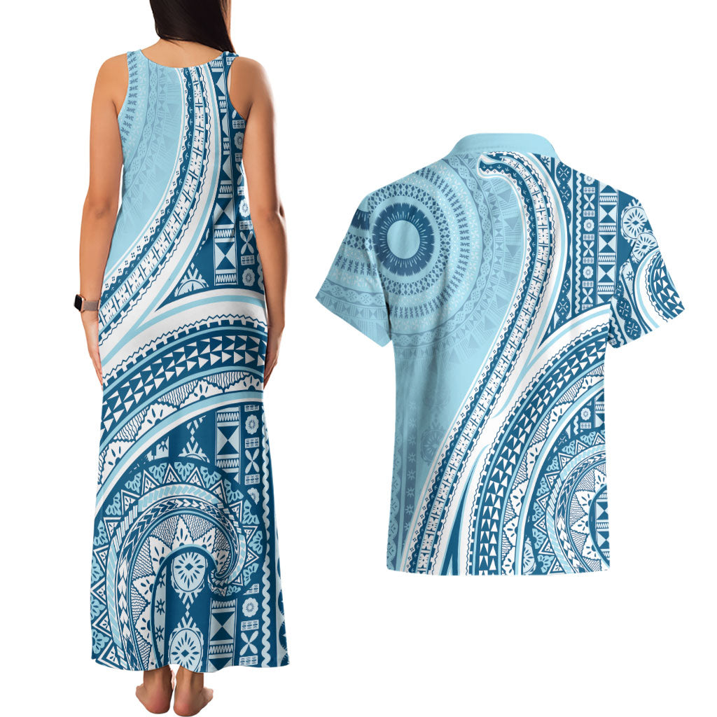 Bula Fiji Vintage Tapa Couples Matching Tank Maxi Dress and Hawaiian Shirt Kaivity Masi Wave Motifs - Turquoise LT7 - Polynesian Pride