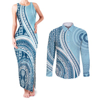 Bula Fiji Vintage Tapa Couples Matching Tank Maxi Dress and Long Sleeve Button Shirt Kaivity Masi Wave Motifs - Turquoise LT7 Turquoise - Polynesian Pride