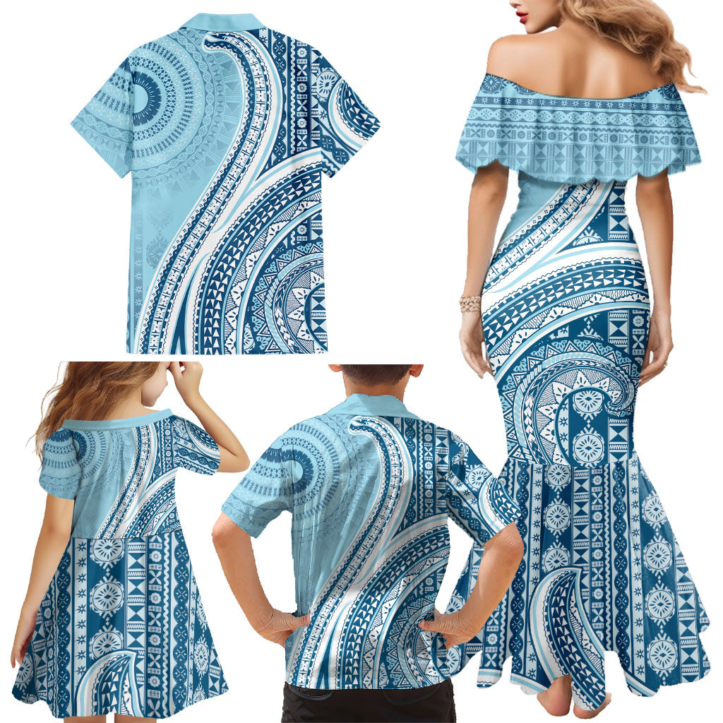 Bula Fiji Vintage Tapa Family Matching Mermaid Dress and Hawaiian Shirt Kaivity Masi Wave Motifs - Turquoise LT7 - Polynesian Pride