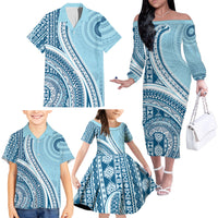Bula Fiji Vintage Tapa Family Matching Off The Shoulder Long Sleeve Dress and Hawaiian Shirt Kaivity Masi Wave Motifs - Turquoise LT7 - Polynesian Pride