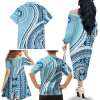 Bula Fiji Vintage Tapa Family Matching Off The Shoulder Long Sleeve Dress and Hawaiian Shirt Kaivity Masi Wave Motifs - Turquoise LT7 - Polynesian Pride
