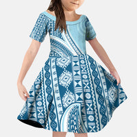 Bula Fiji Vintage Tapa Family Matching Off Shoulder Maxi Dress and Hawaiian Shirt Kaivity Masi Wave Motifs - Turquoise LT7 Daughter's Dress Turquoise - Polynesian Pride