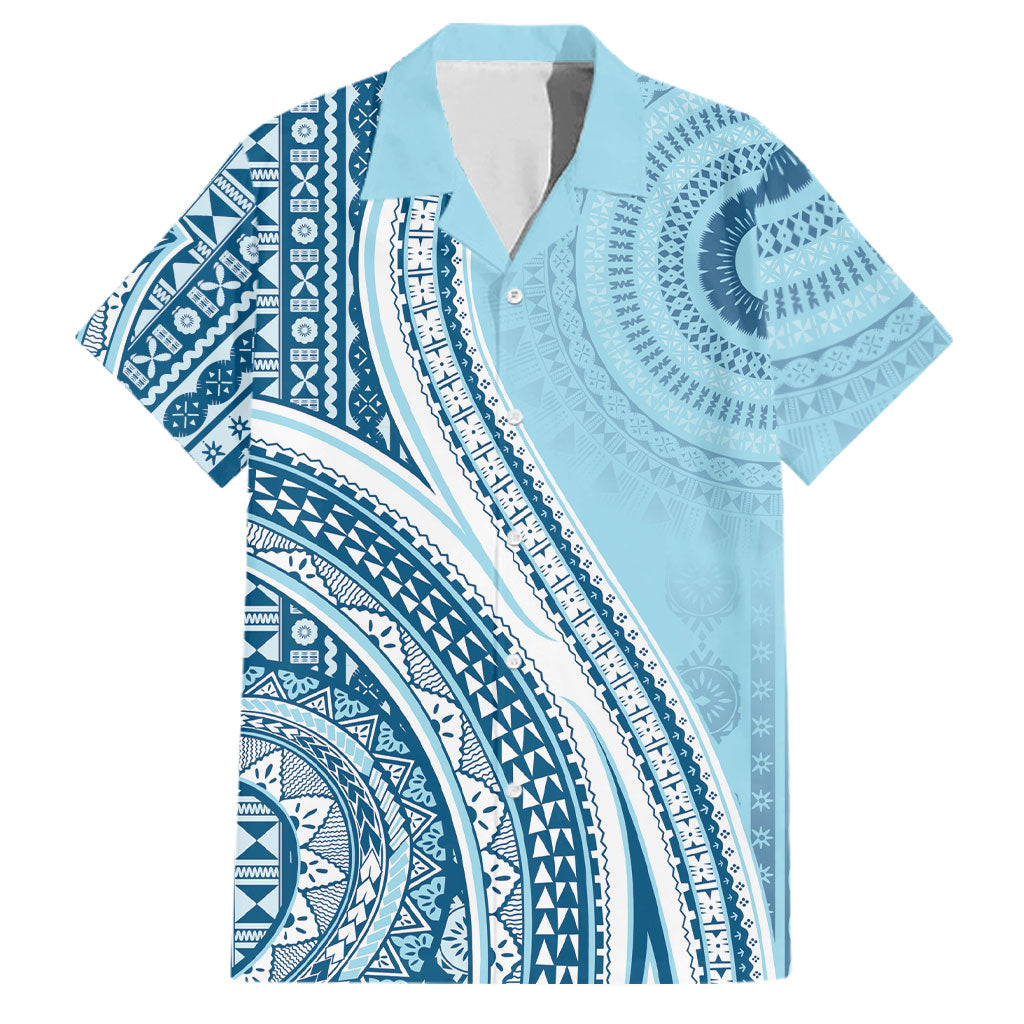 Bula Fiji Vintage Tapa Family Matching Off Shoulder Maxi Dress and Hawaiian Shirt Kaivity Masi Wave Motifs - Turquoise LT7 Dad's Shirt - Short Sleeve Turquoise - Polynesian Pride