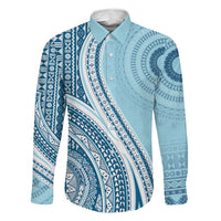 Bula Fiji Vintage Tapa Family Matching Off Shoulder Maxi Dress and Hawaiian Shirt Kaivity Masi Wave Motifs - Turquoise LT7 Dad's Shirt - Long Sleeve Turquoise - Polynesian Pride