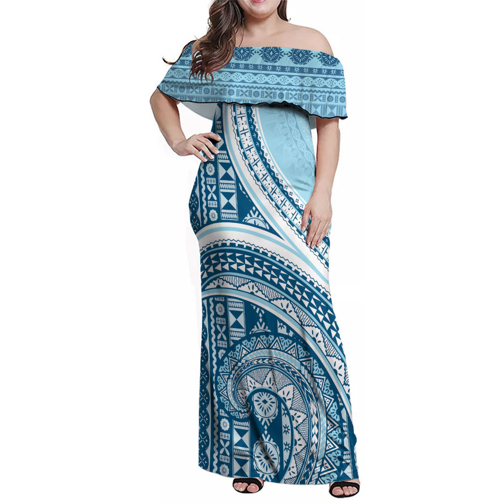 Bula Fiji Vintage Tapa Family Matching Off Shoulder Maxi Dress and Hawaiian Shirt Kaivity Masi Wave Motifs - Turquoise LT7 Mom's Dress Turquoise - Polynesian Pride