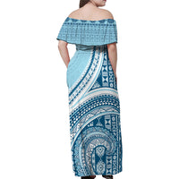 Bula Fiji Vintage Tapa Family Matching Off Shoulder Maxi Dress and Hawaiian Shirt Kaivity Masi Wave Motifs - Turquoise LT7 - Polynesian Pride