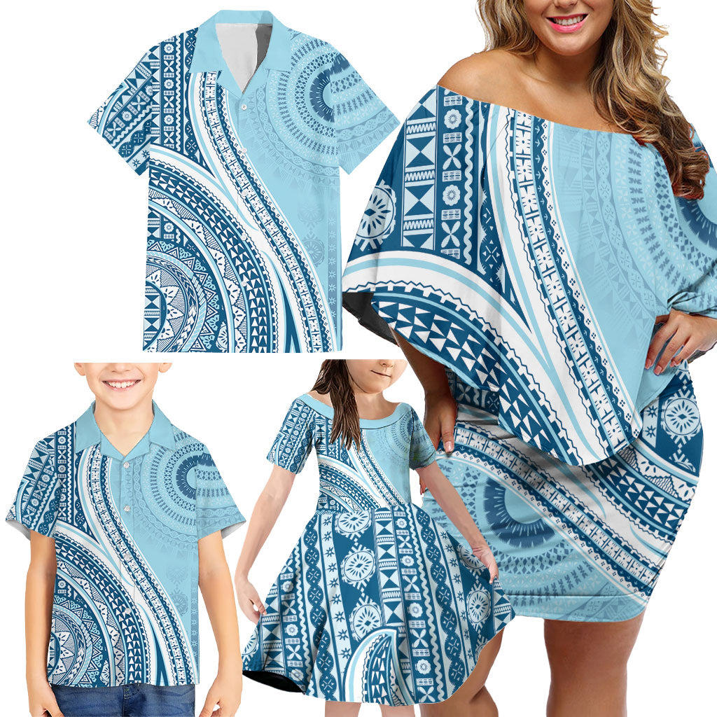 Bula Fiji Vintage Tapa Family Matching Off Shoulder Short Dress and Hawaiian Shirt Kaivity Masi Wave Motifs - Turquoise LT7 - Polynesian Pride