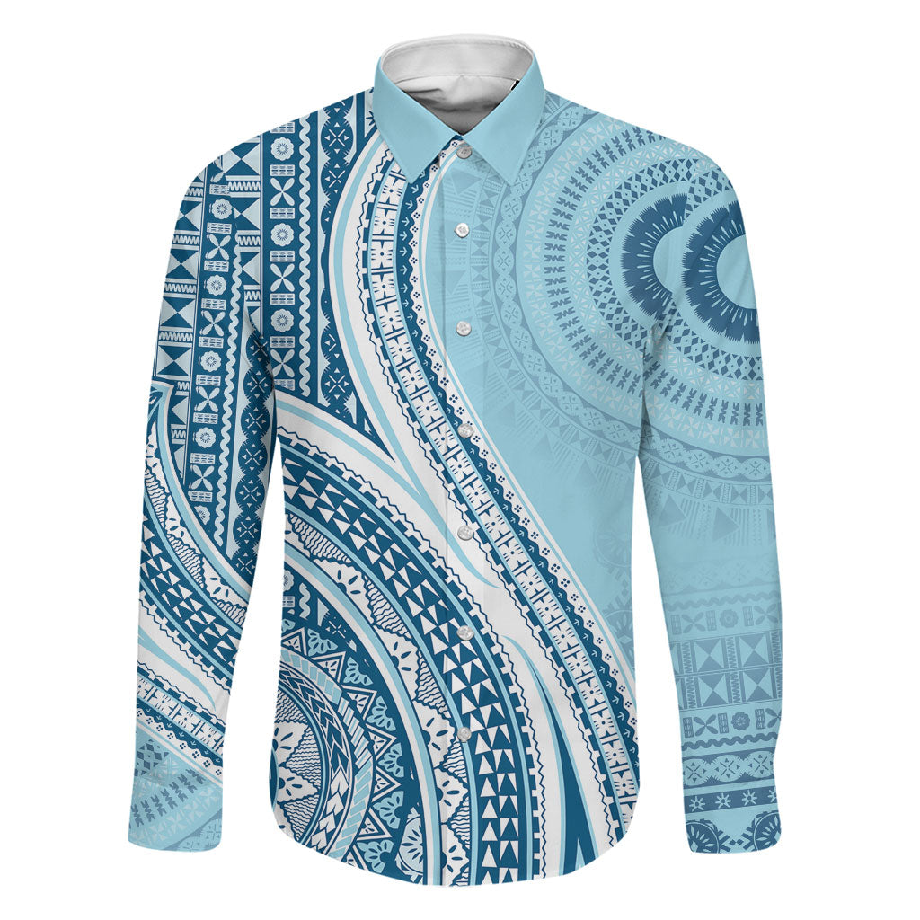 Bula Fiji Vintage Tapa Family Matching Off Shoulder Short Dress and Hawaiian Shirt Kaivity Masi Wave Motifs - Turquoise LT7 Dad's Shirt - Long Sleeve Turquoise - Polynesian Pride