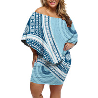 Bula Fiji Vintage Tapa Family Matching Off Shoulder Short Dress and Hawaiian Shirt Kaivity Masi Wave Motifs - Turquoise LT7 Mom's Dress Turquoise - Polynesian Pride