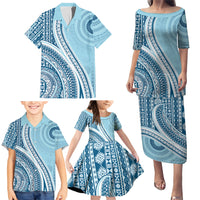 Bula Fiji Vintage Tapa Family Matching Puletasi and Hawaiian Shirt Kaivity Masi Wave Motifs - Turquoise LT7 - Polynesian Pride