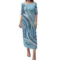Bula Fiji Vintage Tapa Family Matching Puletasi and Hawaiian Shirt Kaivity Masi Wave Motifs - Turquoise LT7 Mom's Dress Turquoise - Polynesian Pride