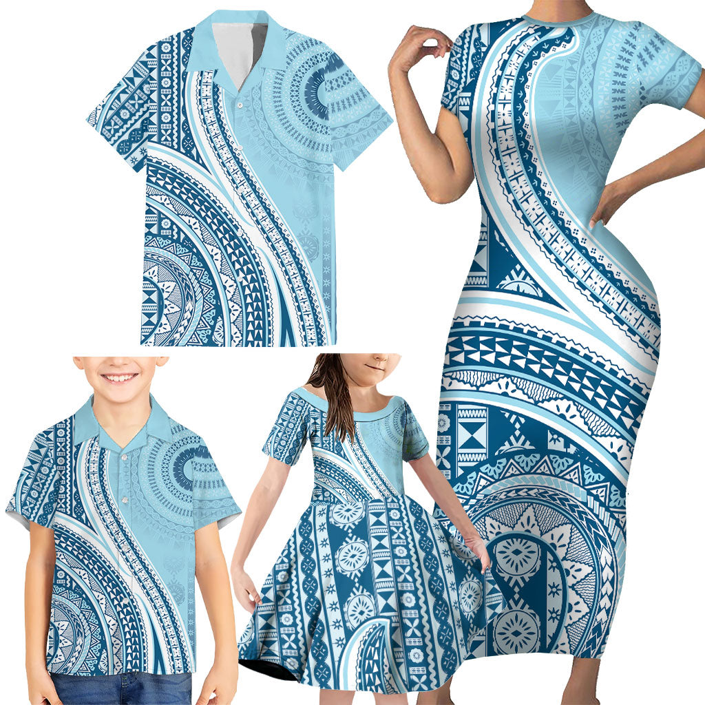 Bula Fiji Vintage Tapa Family Matching Short Sleeve Bodycon Dress and Hawaiian Shirt Kaivity Masi Wave Motifs - Turquoise LT7 - Polynesian Pride