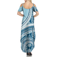 Bula Fiji Vintage Tapa Family Matching Summer Maxi Dress and Hawaiian Shirt Kaivity Masi Wave Motifs - Turquoise LT7 - Polynesian Pride