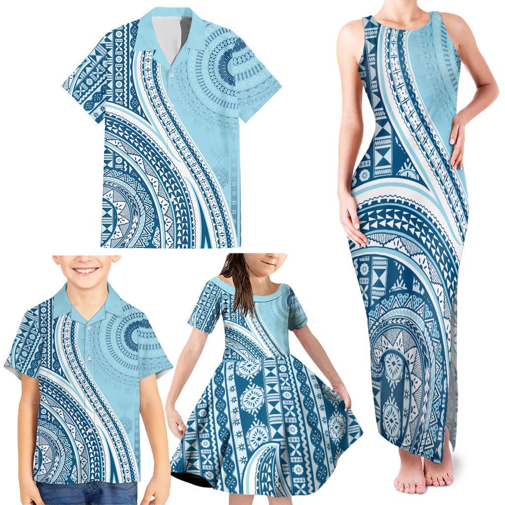 Bula Fiji Vintage Tapa Family Matching Tank Maxi Dress and Hawaiian Shirt Kaivity Masi Wave Motifs - Turquoise LT7 - Polynesian Pride