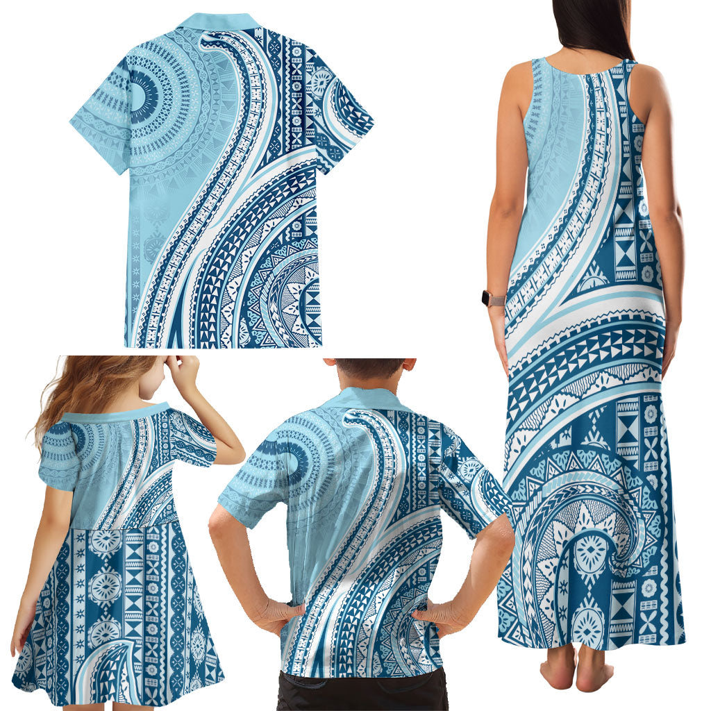 Bula Fiji Vintage Tapa Family Matching Tank Maxi Dress and Hawaiian Shirt Kaivity Masi Wave Motifs - Turquoise LT7 - Polynesian Pride