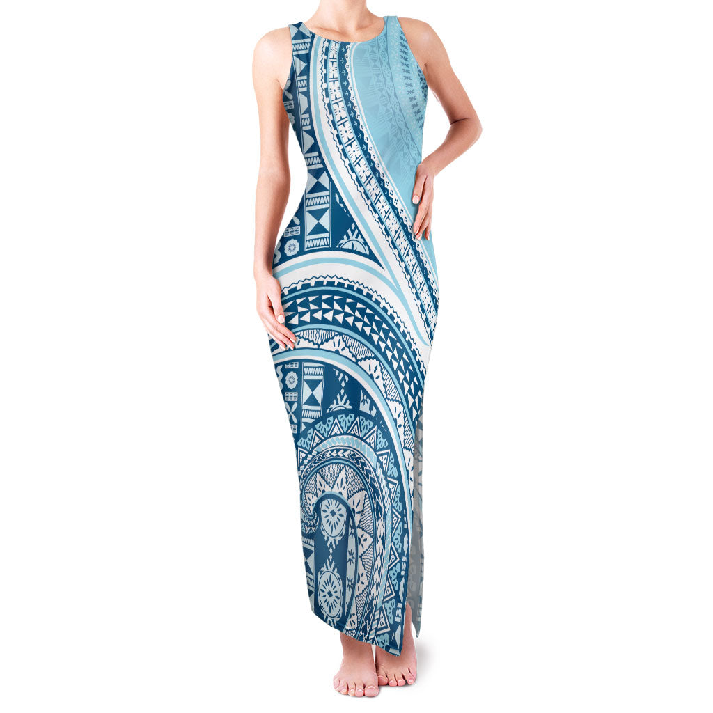 Bula Fiji Vintage Tapa Family Matching Tank Maxi Dress and Hawaiian Shirt Kaivity Masi Wave Motifs - Turquoise LT7 Mom's Dress Turquoise - Polynesian Pride